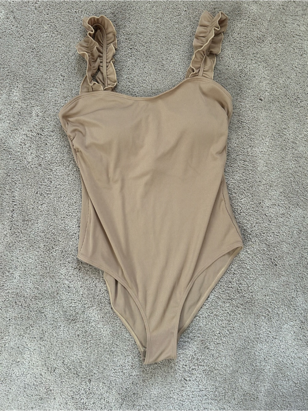 Ruffle-Strap One-Piece bodysuit in Beige